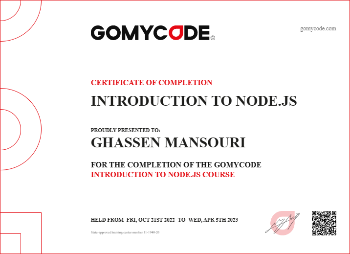 Ghassen Mansouri Certificate of Completion Introduction to Node.js