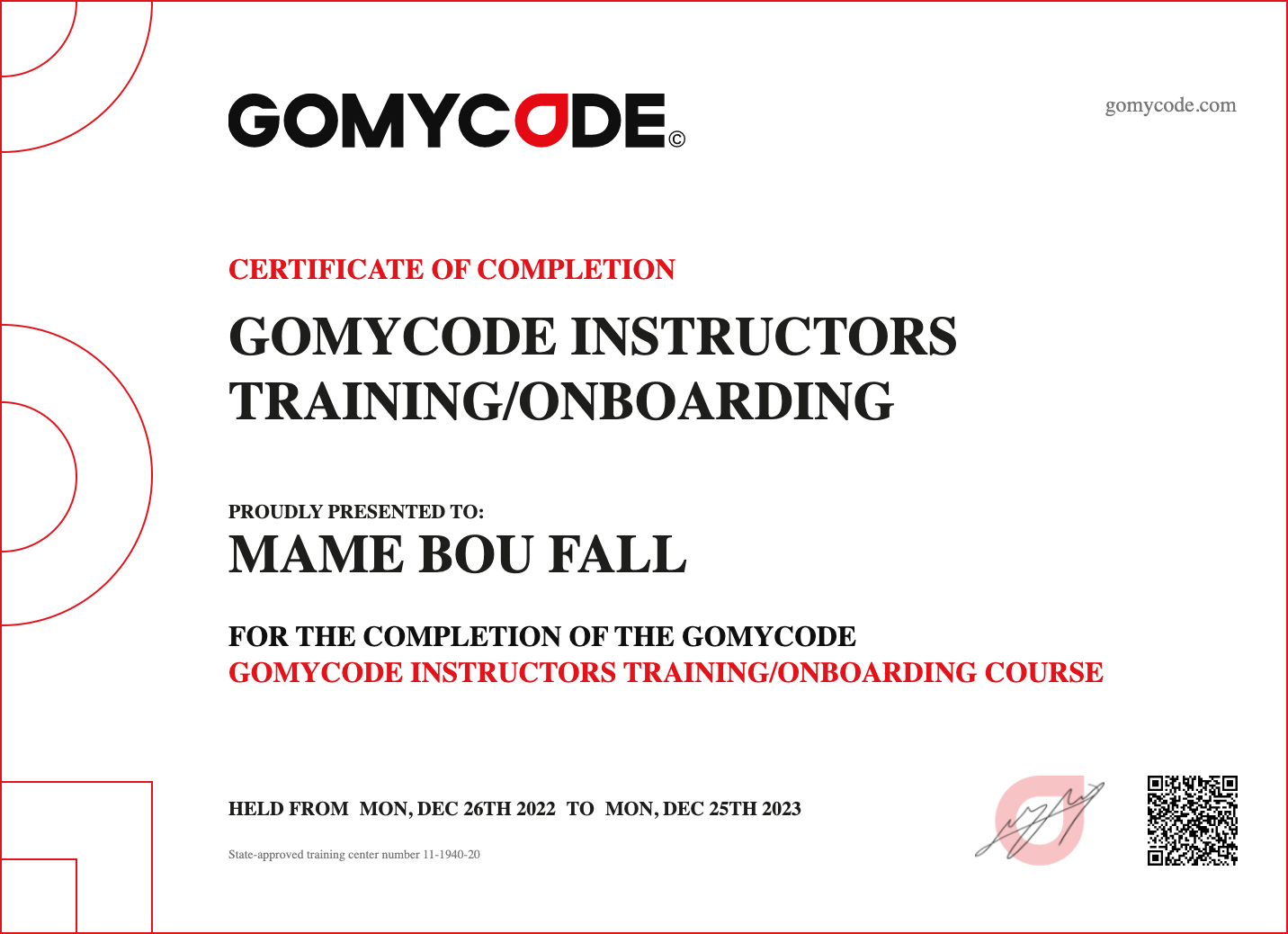 Mame Bou Fall Certificate of Completion GOMYCODE Instructors Training ...